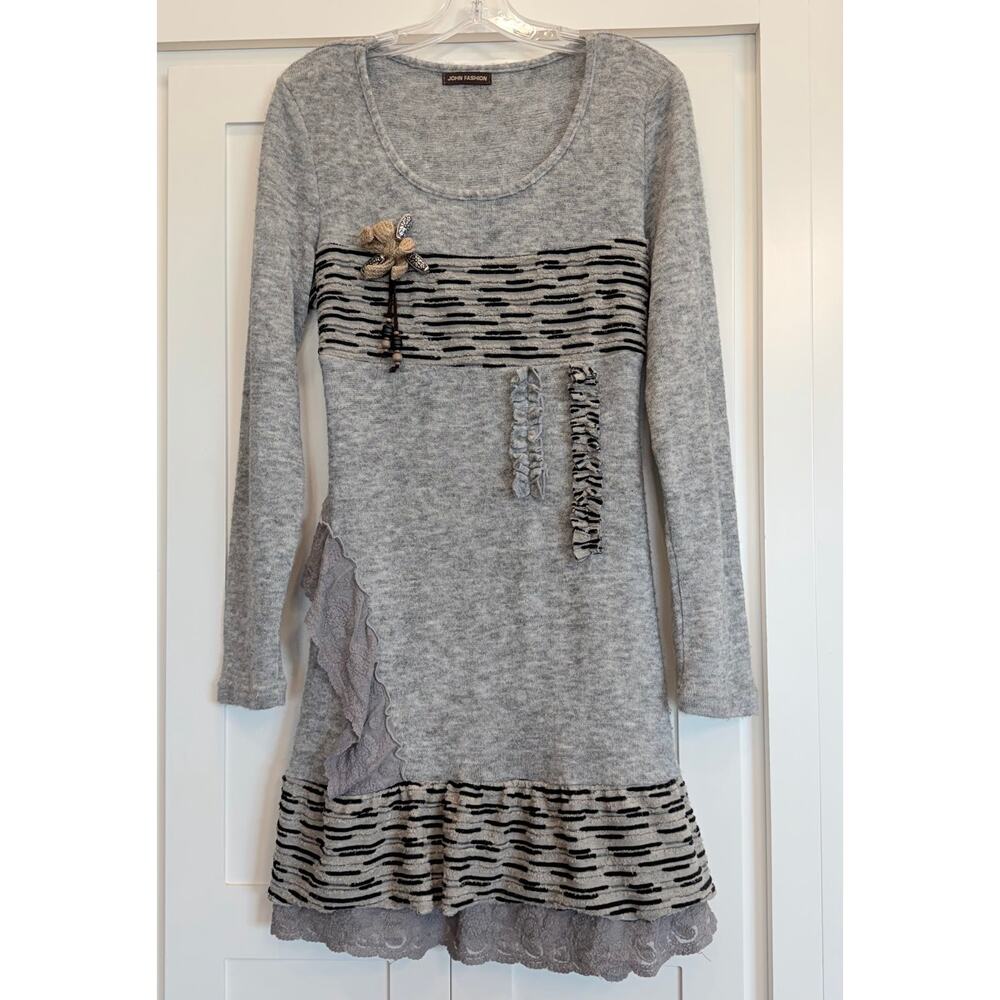 John Fashion Gray Wool Blend Artwear Dress Metal Embellished Avant Garde M